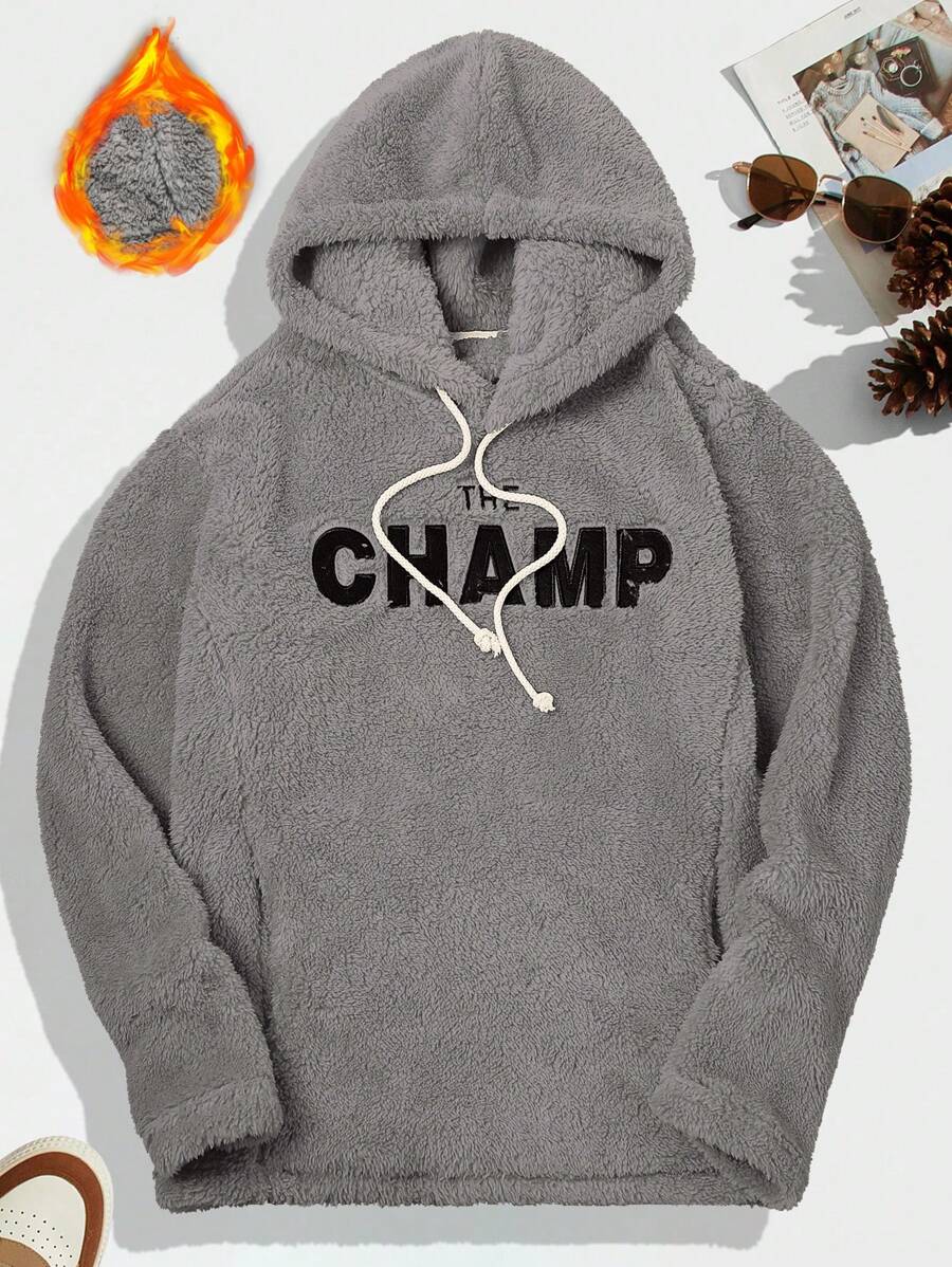 Manfinity Homme Men's Letter Embroidery Reversible Fleece Hoodie With Drawstring, Casual For Autumn/Winter - Dark Grey - View 1