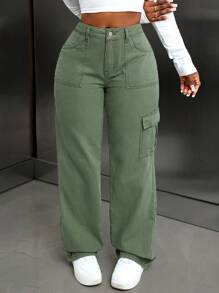 SHEIN Slayr Women's Solid Color Pocket Casual All-Match Straight Leg Jeans - Mint Green - View 3