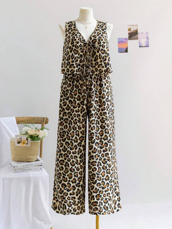 Soleia Plus Size Women Leopard Print Cardigan Layered Tie Front Blouse & Elastic Waist Straight Leg Pants Casual Set, Holiday Outfit
