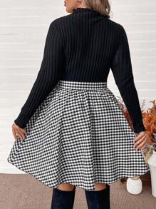 SHEIN VCAY Plus Size Casual Contrast Gingham Print Lettuce Trim Belt Decor Dress, Suitable For Spring And Autumn - Multicolor - View 2