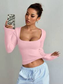 Flirla 女士方领纯色休闲套头毛衣，适合秋冬季针织衫 - 淺粉色 - 查看 3