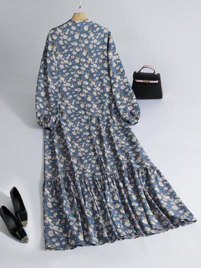 Al Najma 女式休闲碎花端庄长袖阿拉伯长裙，秋季蓝色碎花连衣裙cottagecore 连衣裙