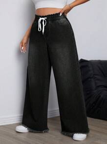 SHEIN ICON 大码纯色抽绳口袋休闲百搭男友风牛仔裤 - 黑色 - 查看 5