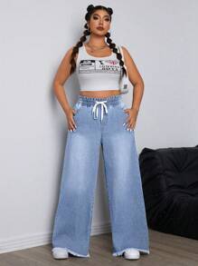 SHEIN ICON Plus Size Solid Color Drawstring Pocket Casual Versatile Boyfriend Jeans - Light Wash - View 6