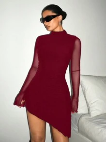 SHEIN ICON Solid Color Long Sleeve Mesh Splice Asymmetrical Hem Fitted Mini Dress - Burgundy - View 4