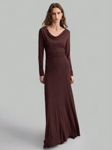 Ontre Vestido elegante y sencillo de manga larga con cuello de cowl, vuelo en el dobladillo, perfecto para fiestas y Año Nuevo, una prenda imprescindible para combinar