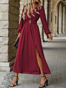 EMERY ROSE Elegancka sukienka damska w jednolitym kolorze z wysokim rozcięciem, jesienna bordowa sukienka maxi dla kobiet