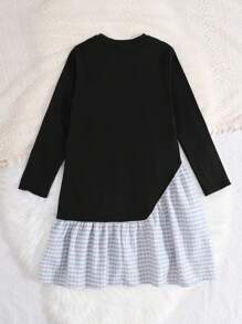 SHEIN Leap Crew Váy dài tay cổ tròn kẻ caro chắp vá thường ngày cho bé gái tuổi teen - màu đen - Xem 2