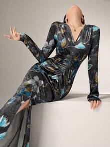 Modelyn Robe élégante à manches longues, col V, imprimé floral, froncée à l'ourlet fendu, pour soirée longue