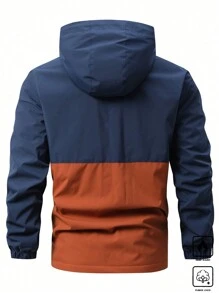 Manfinity Homme 男士连帽抽绳字母印花拉链撞色设计毛绒夹克，外出拉链夹克长袖休闲拼色夹克，适合朋友、丈夫、男朋友的礼物，夹克，男士夹克，男士连帽夹克，适合秋冬 - 藍色 - 查看 2