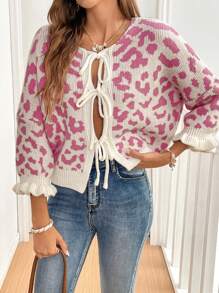 SHEIN Frenchy كارديجان نسائي مبطن دافئ بأكمام بودي بطبعة نمر وربطة أمامية كبيرة الحجم، ملابس يومية كاجوال، ملابس مدونات إنستغرام، كنزة صوفية صوفية سميكة للتنقل، ملابس شتوية، ملابس نسائية لعيد الميلاد، كنزة صوفية عيد الميلاد، ملابس - لون مشمشي - مشاهدة 4