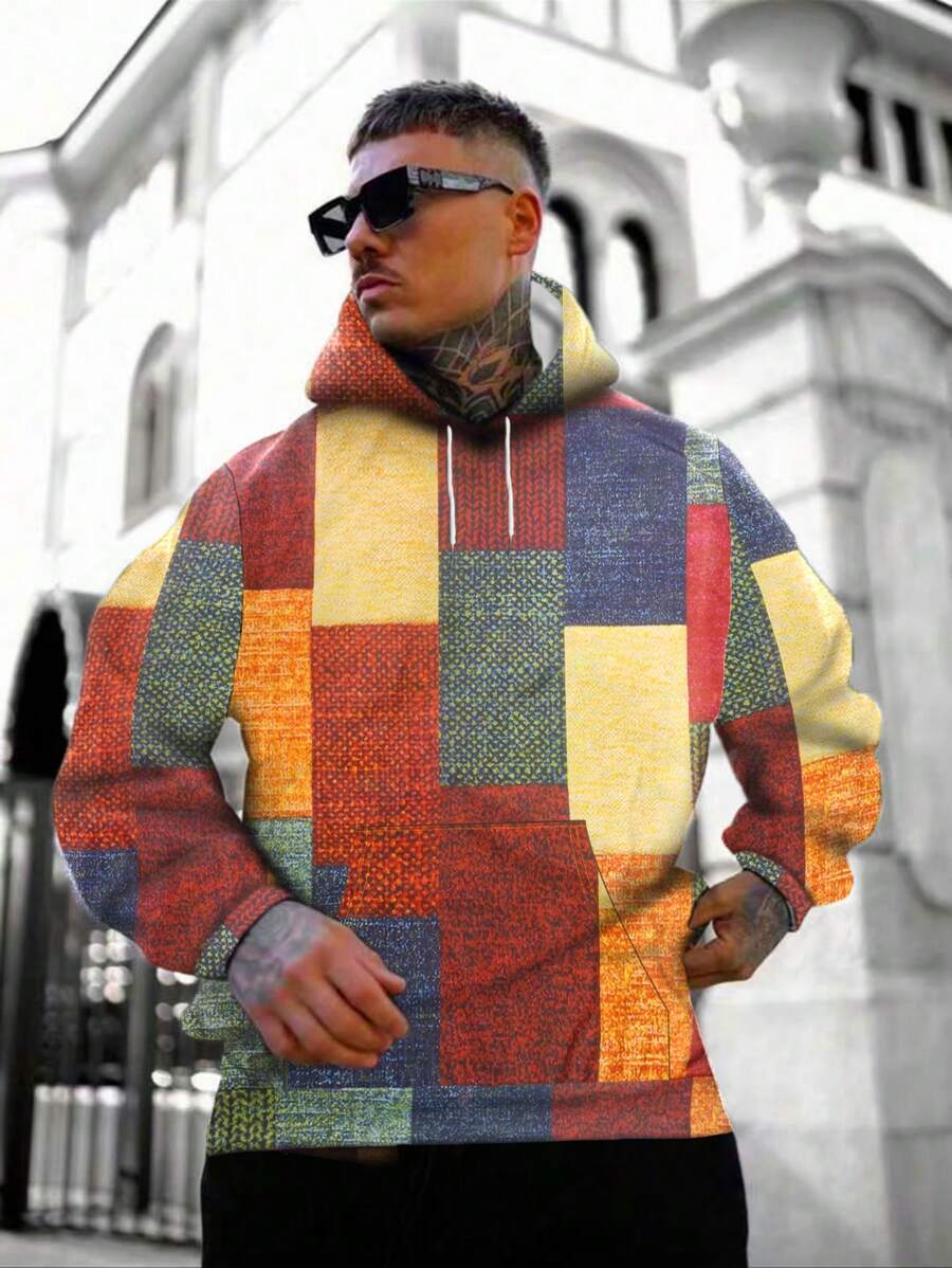 Men Spring And Summer Geometric Print Drawstring Hooded Long Sleeve Loose Sweatshirt, Fall