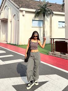 SHEIN Teen Girl Solid Color Ribbed Cami Top And Ruched Wide Leg Pants Casual 2 Pieces Set - Grey - View 5