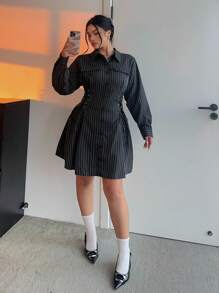 Flirla Vestido camisa de rayas negras y blancas talla grande, cintura ajustable, informal y elegante