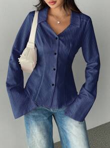 Flirla Women Solid Color Front Button Asymmetric Hem Long Sleeve Blouse Women Shirt
