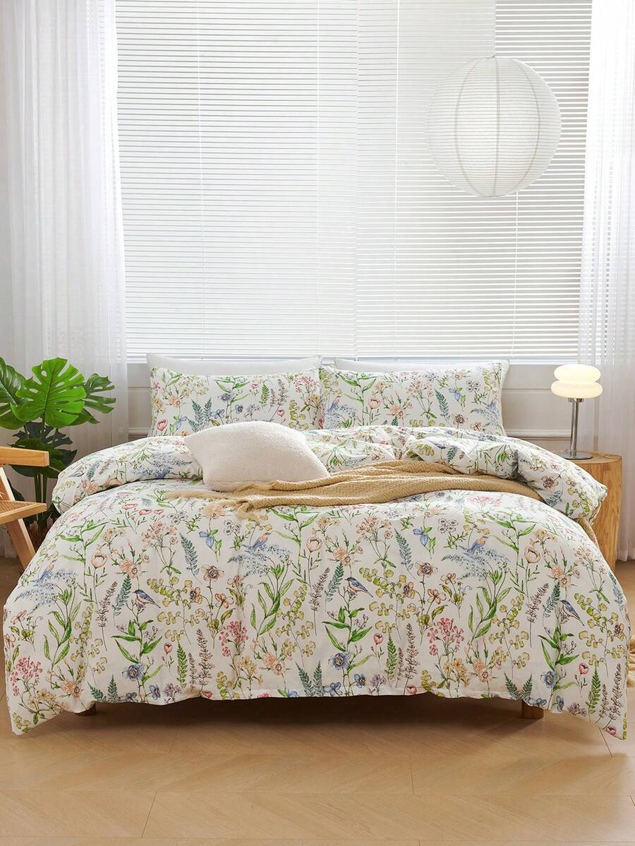 3 件套鸟花印花羽绒被套套装（无填充物）羽绒被套床上用品套装，柔软透气，更适合睡眠，豪华酒店风格，送给爸爸妈妈朋友的礼物，被子被套 * 1 枕套 * 2 特大号双人床尺寸 - 白色 - 查看 1