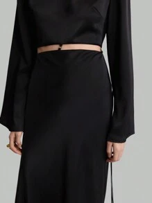 Ontre 1 件女士纯色长袖腰镂空简约超长宴会连衣裙，休闲日常穿着 - 黑色 - 查看 5