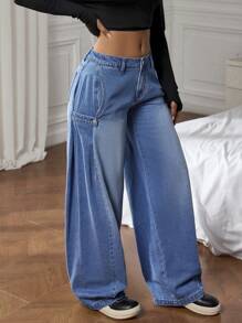 SHEIN EZwear Vaqueros holgados y informales para mujer con bolsillos sesgados y lavado
