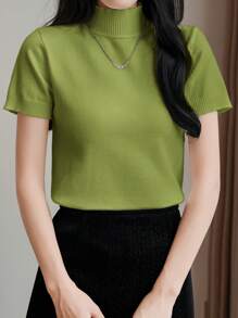 SHEIN LUNE Women Casual Solid Color Turtleneck Short Sleeve Pullover Knit Top - Mint Green - View 3