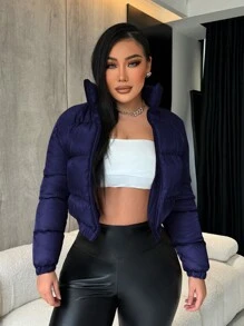SHEIN SXY 冬季休闲纯色立领短款棉衣 - 藏蓝色 - 查看 1