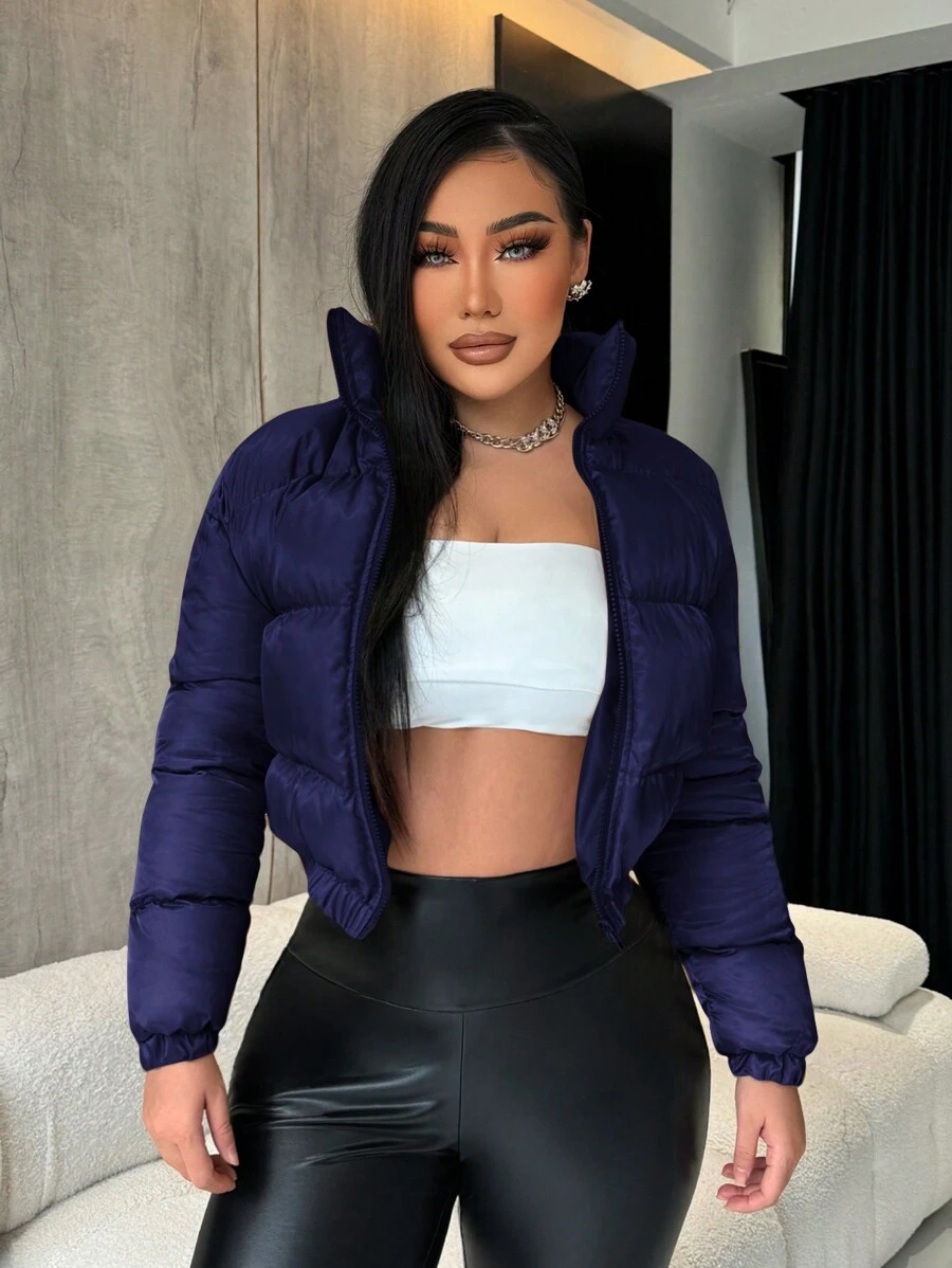 SHEIN SXY 冬季休闲纯色立领短款棉衣 - 藏蓝色 - 查看 1
