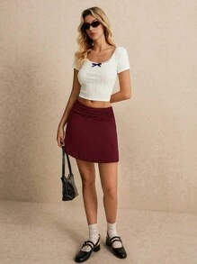 Poéselle Váy đơn giản mặc hàng ngày màu trơn cho nữ Váy bó eo Váy ngắn gợi cảm Trang phục dự tiệc trà Quần short bồng bềnh Quần áo mùa hè Trang phục công sở Quần váy thoải mái - Màu Đỏ Sâu - Xem 3