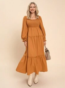 SHEIN LUNE Plus Size Women Fall Long Sleeve Textured Square Neck Shirred Bust A-Line Ruffle Hem Flattering Dress Plus Size Fall Clothes Dresses For Women