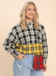 SHEIN LUNE Plus Size Women Plaid Color Block Sleeve Blouse, Autumn Plus Size Fall Clothes - Multicolor - View 2