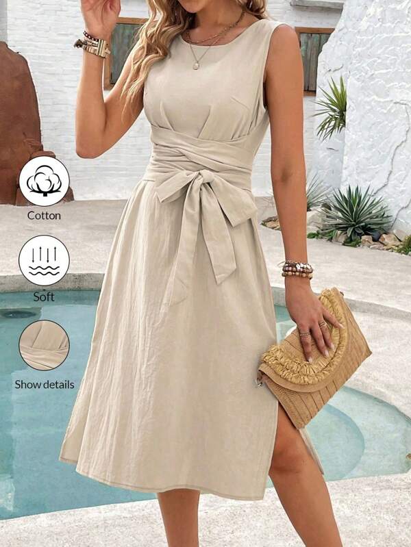 SHEIN Clasi Ladies" Plain And Simple Sleeveless Belted Shift Dress Maxi Women Outfit