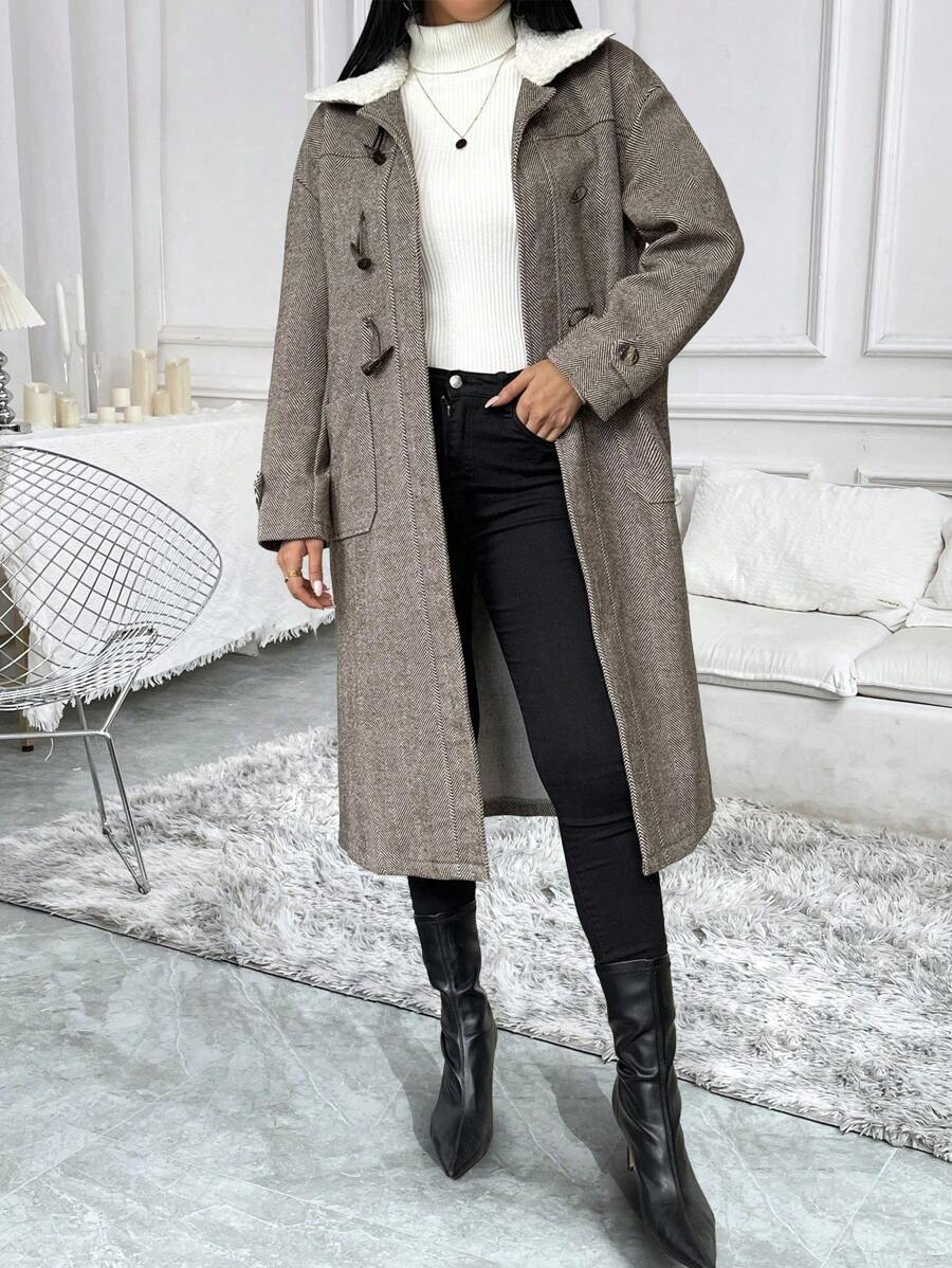 Chiquease 过大毛领牛角扣宽松直筒毛呢大衣 - 卡其色 - 查看 1