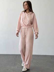 Aloruh Set de 2 piezas con conjunto casual de rayas azules y blancas para ir y venir, incluye top corto con capucha de manga larga holgada y pantalones maxi de cintura elástica