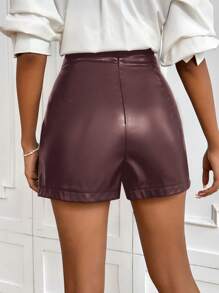 Aloruh Women's Solid Color Asymmetric Hem Slit Casual Shorts - Burgundy - View 2