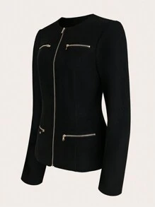 SHEIN Clasi Women's Minimalist Zipper Waist Long Sleeve Jacket - Black - View 3