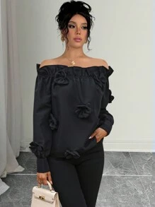 Chiquease Bluzka z odkrytymi ramionami, falbanką i kwiatowym wzorem 3D na jesień/zimę 2024 r., z odkrytymi ramionami, jesienna tkanina dla kobiet