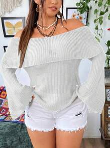 Flirla 大码露肩休闲长袖毛衣上衣