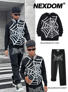 SHEIN Suéter de cuello redondo de manga larga con bordado de telaraña en blanco y negro casual para niños adolescentes, adecuado para otoño, invierno, cálido, escuela, hogar, diario, deportes, calle, concierto punk, versátil, simple