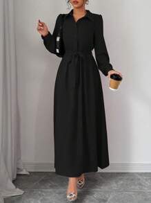 Selianne Women's Elegant Fashion Career-Wear Long Sleeve Standing Collar Cinched Waist Bowknot Belt Solid Color Dress Fall Cloth For Women - Black - View 3