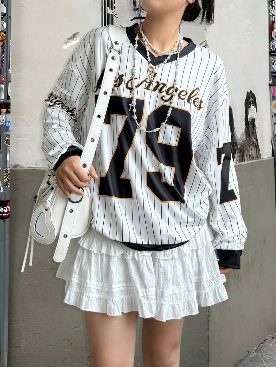 INAWLY Áo nỉ in chữ sọc nhiều màu thường ngày cho nữ, dành cho mùa thu - Nhiều màu - Xem 1