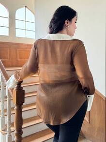 SHEIN Privé Plus Size Women Contrast Color Sheer Shimmer Blouse, Back To School For Fall - Brown - View 3