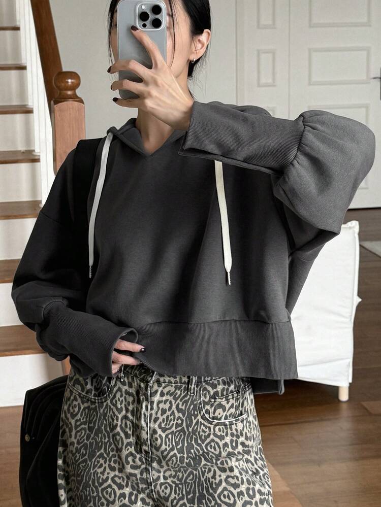 Women Drawstring V-Neck Thermal Lined Sweatshirt, Casual Everyday Wear,Fall Clothes Hoodie