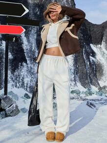 Aveloria Affinna 女士新款摩托车双面仿羊毛夹克，防风保暖外套，秋冬装 - 棕色 - 查看 4