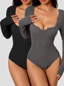 SHEIN Unity 女士纯色 V 领长袖罗纹紧身衣 - 彩色 - 查看 1