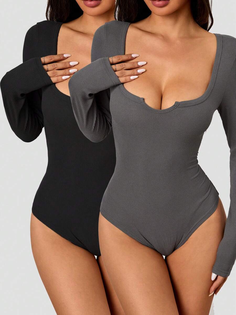 SHEIN Unity 女士纯色 V 领长袖罗纹紧身衣 - 彩色 - 查看 1