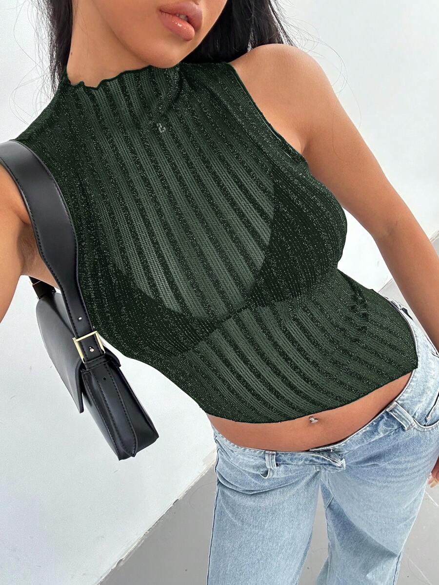 SHEIN SXY 休闲迷人性感闪光条纹网眼透明不对称下摆小立领背心，适合派对、聚会、夜总会 - 墨綠色 - 查看 1