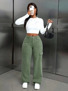 SHEIN Slayr Women's Solid Color Pocket Casual All-Match Straight Leg Jeans - Mint Green - View 5