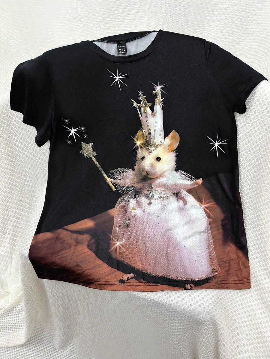 INAWLY Plus Allover 可爱老鼠动物图案印花女式短袖 T 恤、图案 T 恤、女式夏季上衣