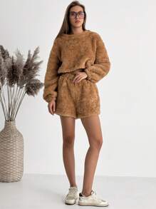 Aloruh Bộ 2 áo nỉ và quần short nữ trang phục ấm áp cơ bản, mùa thu/đông - Màu Khaki - Xem 3