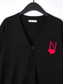 SHEIN 1pc Teen Boys' Casual Academy Style Loose Fit Long Sleeve Cardigan, Comfortable & Versatile, Adorned With Heart & Letter Jacquard Patterns, Suitable For Autumn And Winter Outings