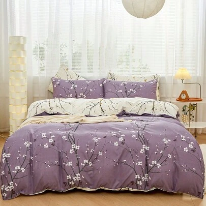 Juego de ropa de cama reversible de 3 piezas con estampado de flores de ciruelo en morado y beige, de microfibra suave y transpirable, resistente a las arrugas, estilo de hotel de lujo, incluye 1 funda nórdica y 2 fundas de almohada, disponible en tamaños super king, king, queen y twin, para dormitorio