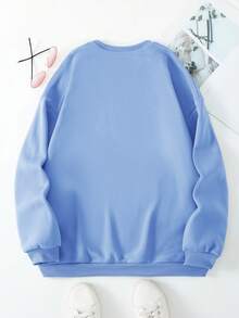 SHEIN EZwear 女士休闲字母印花圆领运动衫，秋冬 - 藍色 - 查看 2